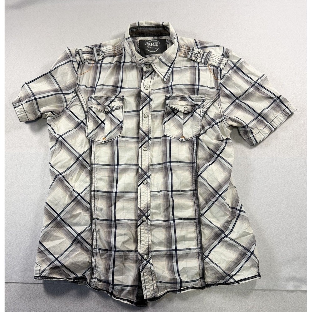 BKE Buckle Pearl Snap Button Up Shirt Men's L White Blue Plaid Overstitch